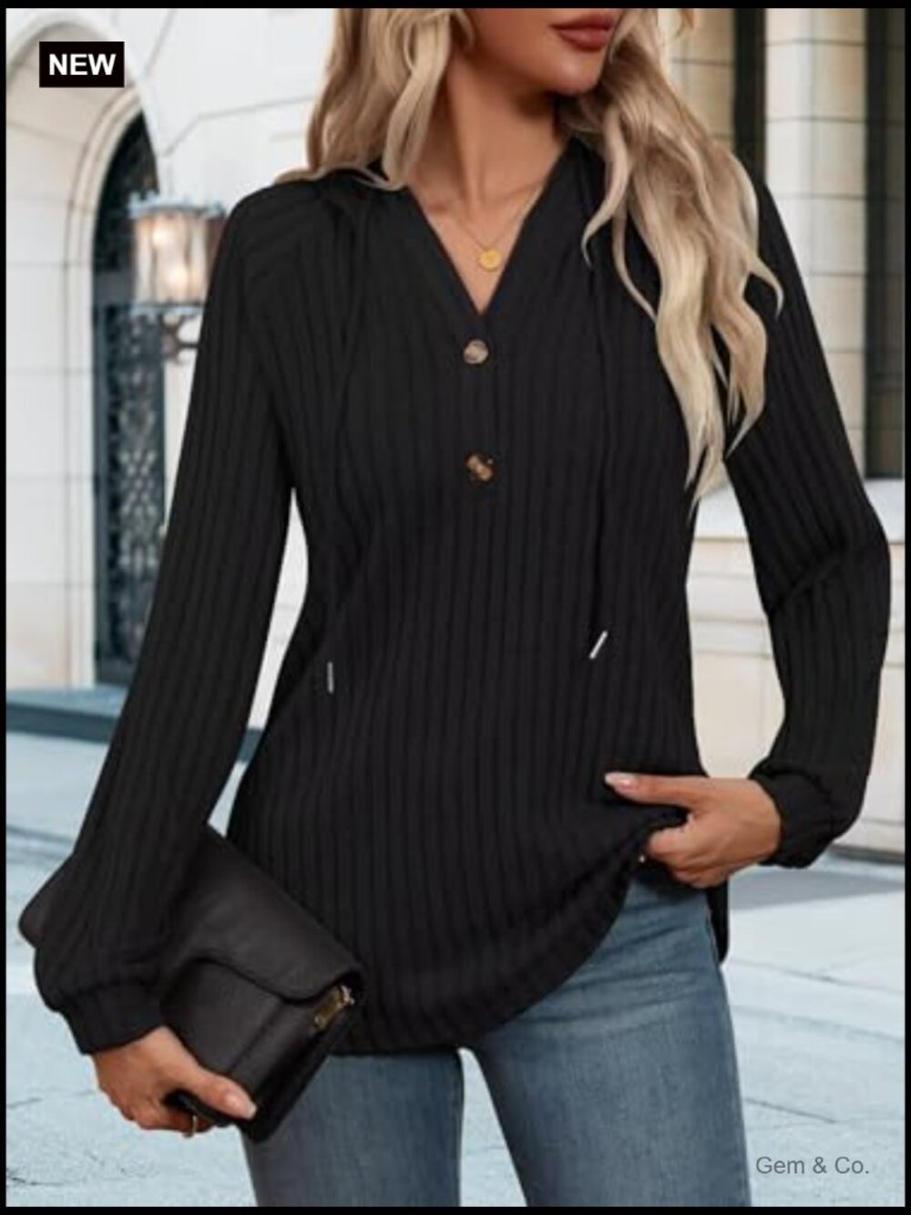 V Neck Drawstring Hoodie - Loose Fit Long Sleeve Pullover Sweatshirt - Picture 4 of 7